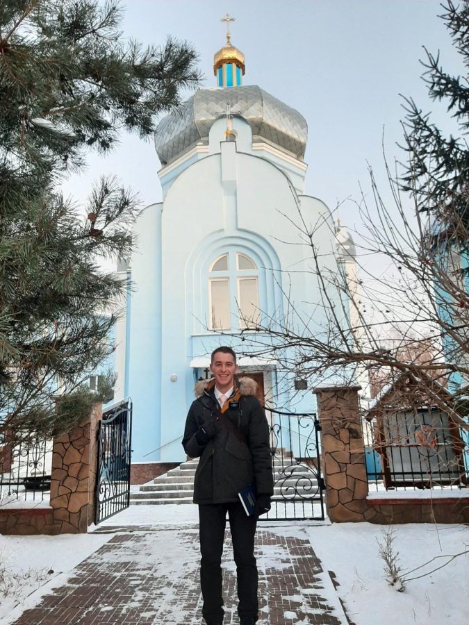 Bentley in front of church in Ukraine