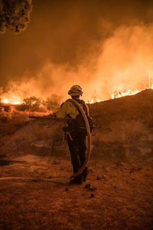 Riverside County Firefighter carries a hose to fight the Fairview fire in Hemet