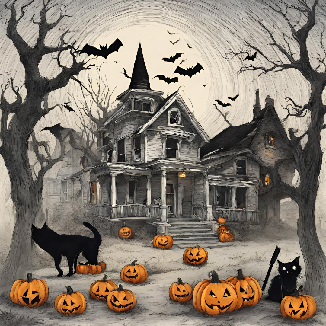 spooky looking house with black cats and jack-o-lanterns