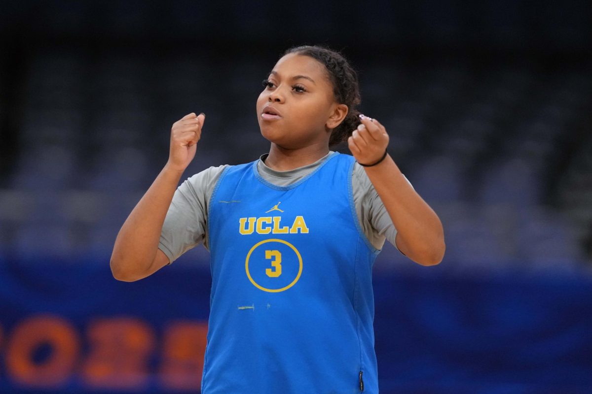 Apr 3, 2025; Tampa, FL, USA; UCLA Bruins guard Londynn Jones (3) during practice at Amalie Arena. Mandatory Credit: Kirby Lee-Imagn Images
