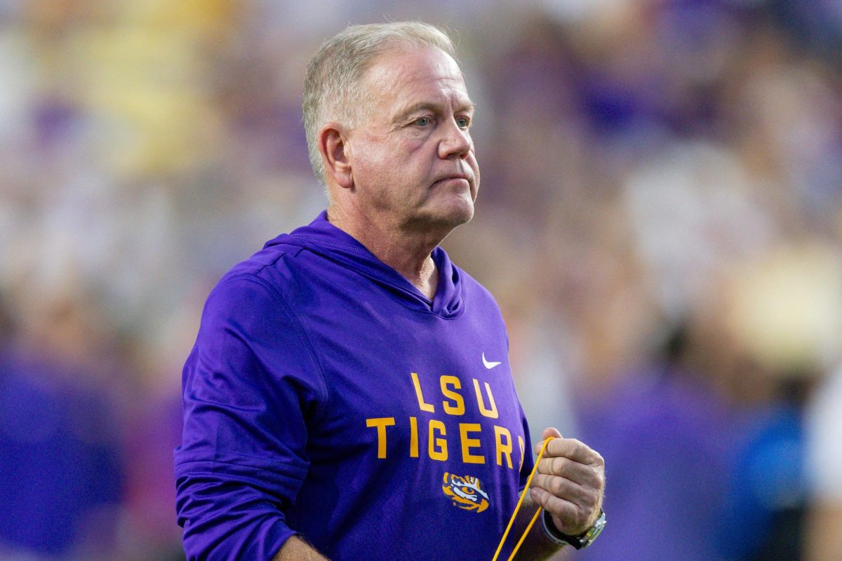 Oct 11, 2025; Baton Rouge, Louisiana, USA;  LSU Tigers head coach Brian Kelly looks on against the South Carolina Gamecocks during the first half at Tiger Stadium. Mandatory Credit: Stephen Lew-Imagn Images