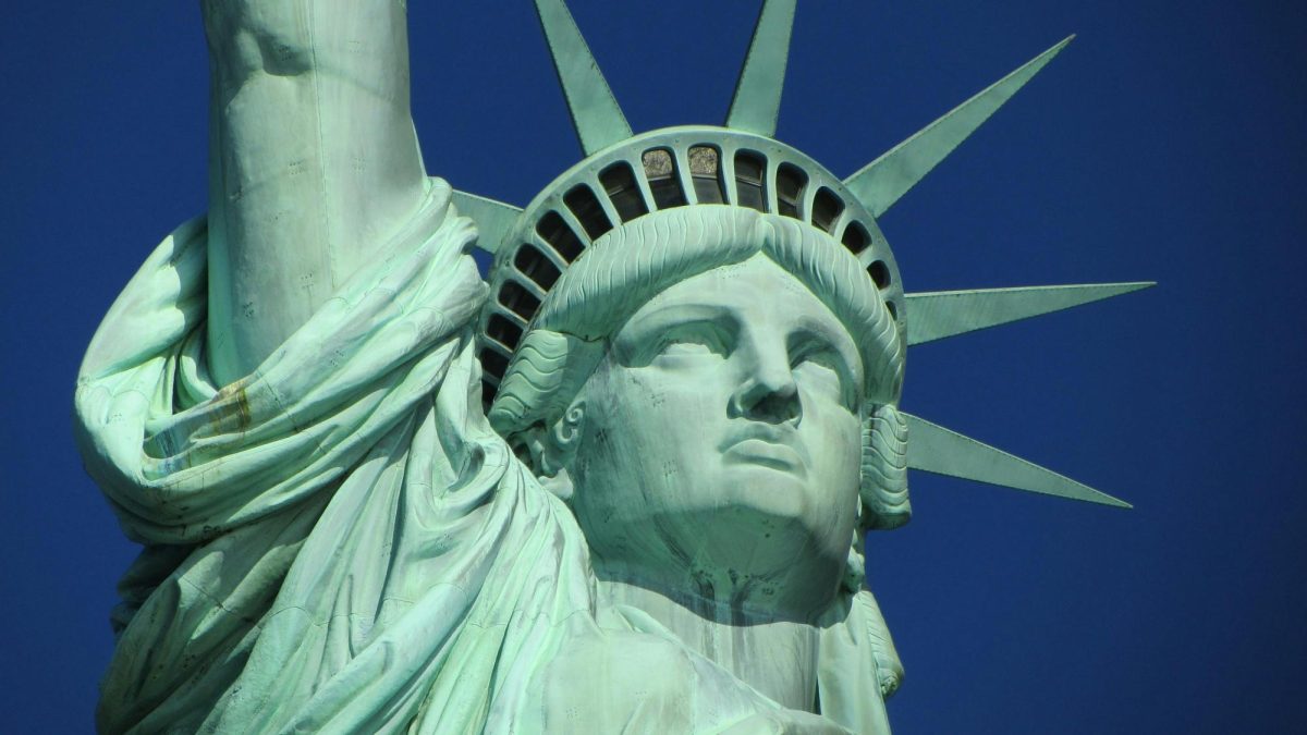 A close up of the statue of Liberty. 